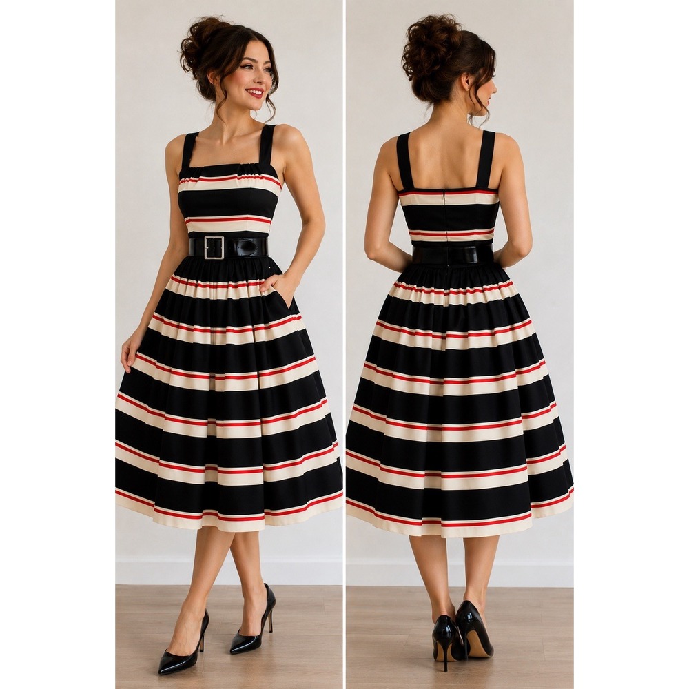 Vintage Petite Lang Dress Size 12 USA Cotton Striped Halter Pleated Belted